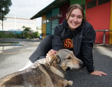 Jordyn here pictured with one of the dogs that hangs out at her Internship Site 