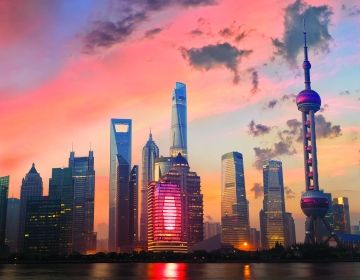sunset in shanghai downtown skyline