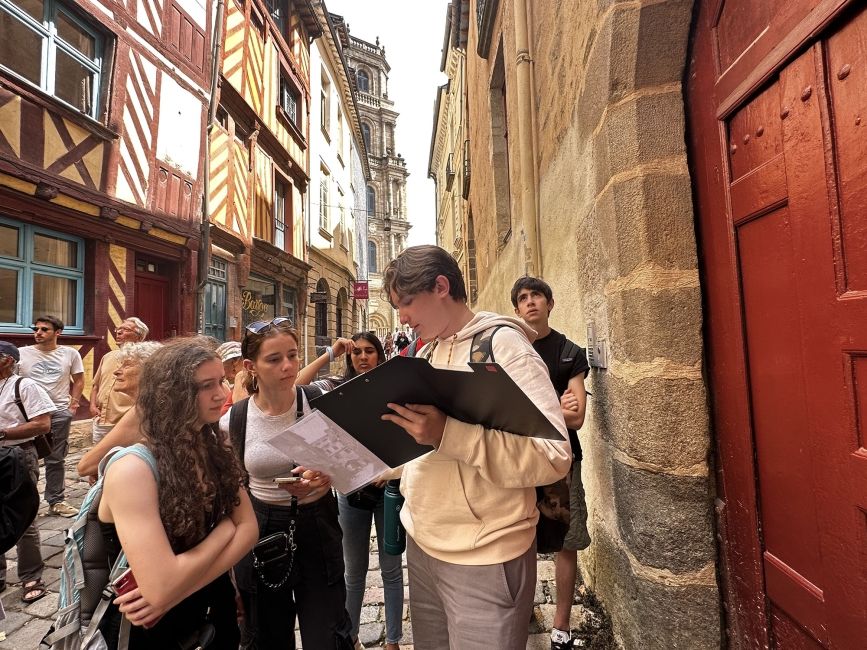 High school students exploring streets of Rennes