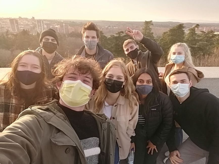 Madrid masked group of students poising