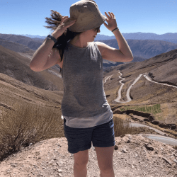 A picture of the author while her hat almost blows away