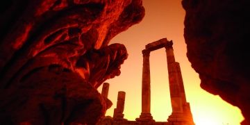 sunset shot roman ruins jordan