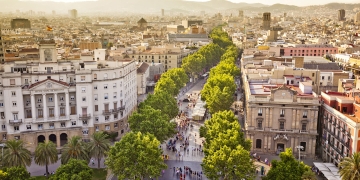 barcelona spain street tree lined buildings