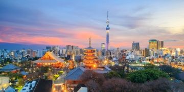 View of Tokyo skyline at sunset in Japan