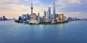 Shanghai, China skyline sunset