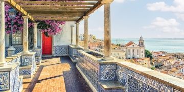 Lisbon city rooftops view from balcony