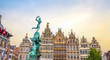 Brussels The Grote Market and Brabos Monument at town square of Antwerp Belgium