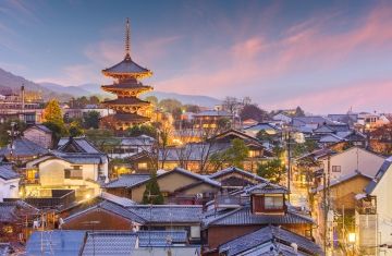 sunset in kyoto with buildings lights