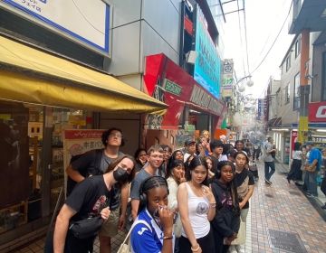 Maia, Sam, and Urbina on scavenger hunt in Shibuya