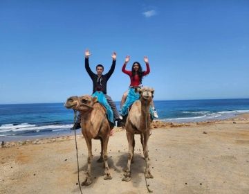 Two CIEE students sitting on camels with their arms raised