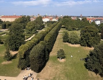 A  panorama view of Rosenborg Park from above  