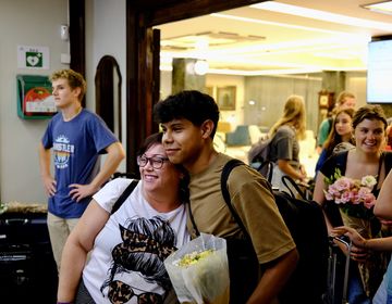 Student hugging host mother in Seville, Spain