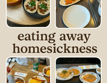 a collage of different pictures of restaurant platings with the text "eating away homesickness" in the middle