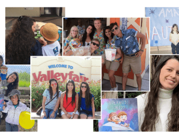 A collage of pictures of Andrea Villasmil and other young people at Valleyfair park, teaching children and a photo of her book