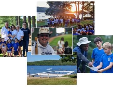 collage featuring various scenes from a summer camp. The top-left image shows a multigenerational family posing together outdoors. The top-right image captures a group of campers standing together in front of a lake at sunset. The bottom-left image shows a scenic view of a lake with a swimming dock and boats
