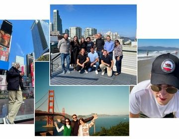 A collage of photos showing students in New York city, san francisco and on the beach
