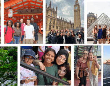 a collage of students in various world locations