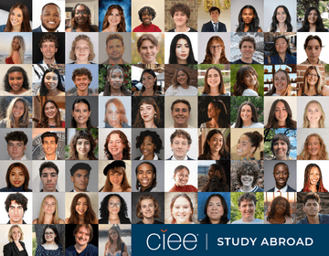 Grid collage of diverse student headshots representing the 2026 Spring Latin America Student Fellows, with the CIEE Study Abroad logo displayed at the bottom.