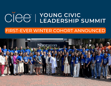 A group photo with 50 people in blue and white shirts and above it says "CIEE Young Civic Leadership Summit. First Ever Winter Cohort Announced"