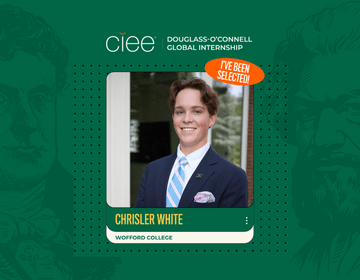 Headshot of a white male student "Chrisler White" with "I've been selected" and the douglass-o'connell fellowship logo