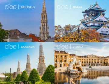 A 4x4 photo of a steeple in Brussels, Belgium, a traditional building in Osaka Japan, traditional towers in Bangkok, Thailand, and the Schoenbrunn Museum in Vienna, Austria  