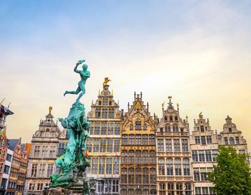 Brussels The Grote Market and Brabos Monument at town square of Antwerp Belgium