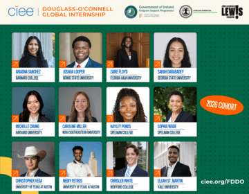 Graphic announcing the CIEE Douglass-O'Connell Global Internship 2026 Cohort. The design features headshots of 12 participants with their names and universities, alongside logos for CIEE, the Government of Ireland Emigrant Support Programme, the African American Irish Diaspora Network, and the John & Lillian Miles Lewis Foundation. The 2026 Cohort badge and the website ciee.org/FDDO appear on the right.