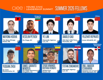 Graphic featuring the CIEE Young Civic Leadership Summit Summer 2026 Fellows. The collage includes headshots of ten fellows from Albania, Bulgaria, China, Colombia, Croatia, and the Dominican Republic, with each person's name, home country flag, and U.S. host employer/location displayed beneath their photo.