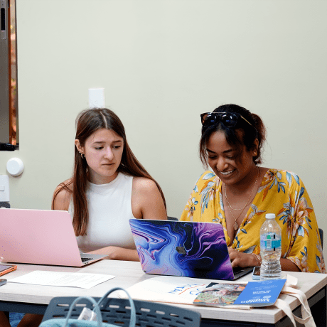 students studying at desk with laptops