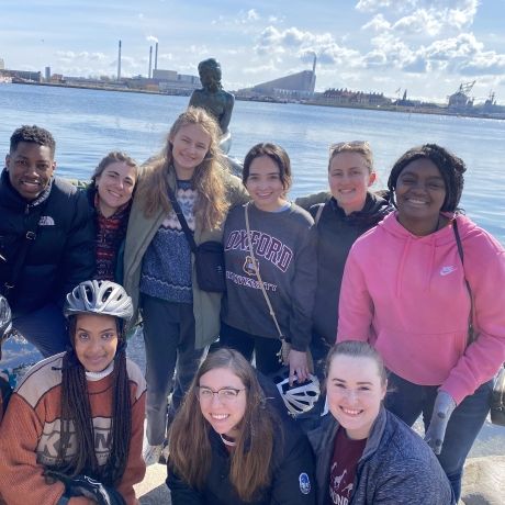 Copenhagen students on bike tour mermaid