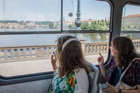 High school abroad students looking on a bus window at Prague