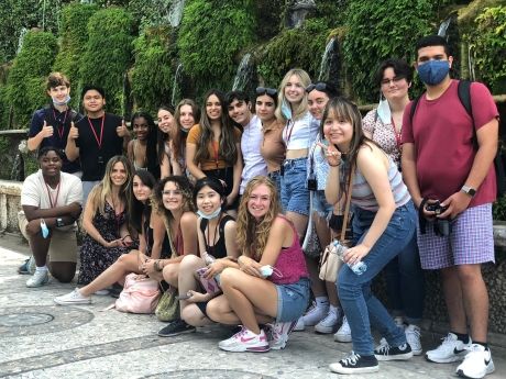 High schoolers posing in Tivoli, Italy