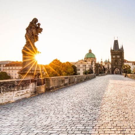 Prague Charles Bridge statue at sunrise