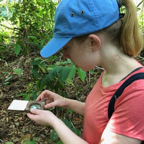 student in forest observing wildlife