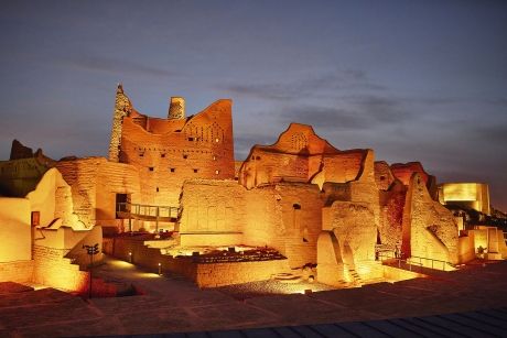 Buildings at night in Saudi Arabian desert