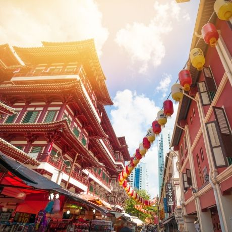 singapore lanterns strung over street