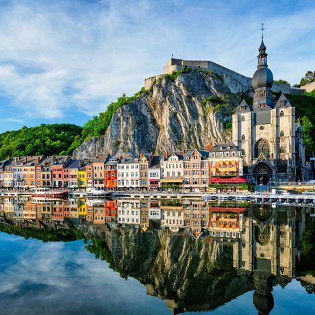 brussels-dinant-citadel-notre-dame-de-dinant-water-refelction