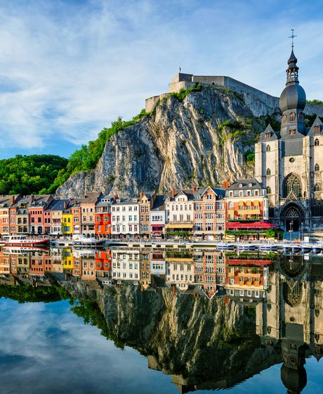 brussels-dinant-citadel-notre-dame-de-dinant-water-refelction