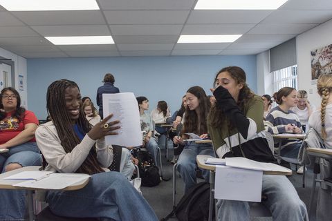 Students laughing in language class on study abroad program