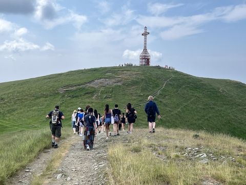 Students on a hike in Pratomagno near Florence, Italy