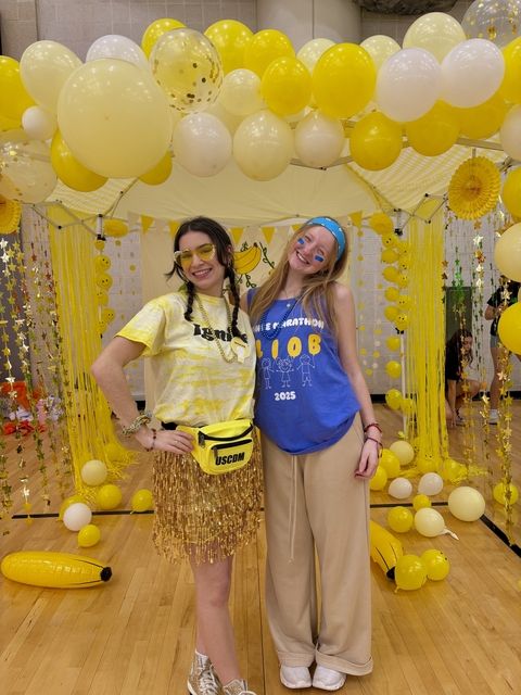 Study abroad students posing with yellow balloons