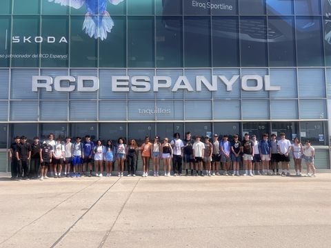 Students standing outside football stadium in Barcelona