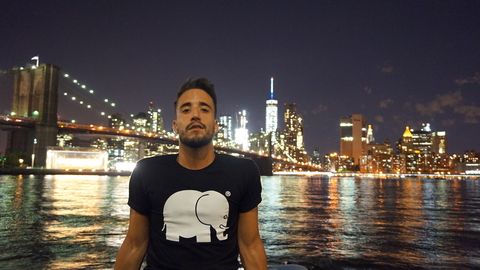 Jesus F. of Spain in front of the New York City skyline.