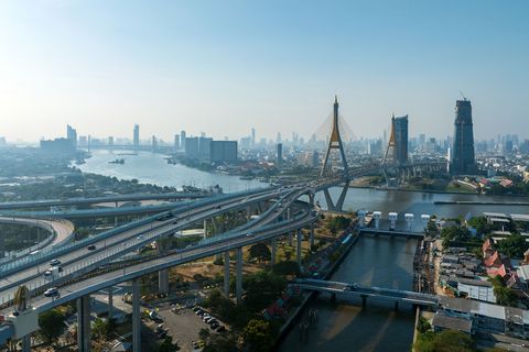 Skyline View of Bhumibol Bridge in Bangkok, Thailand