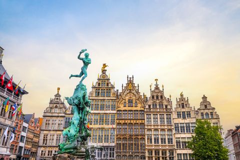 Brussels The Grote Market and Brabos Monument at town square of Antwerp Belgium