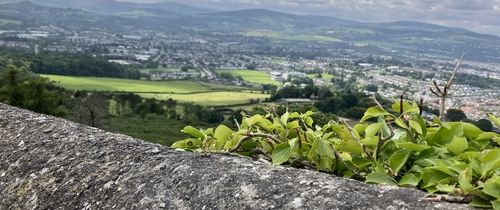 landscape of rolling green fields and town in Ireland