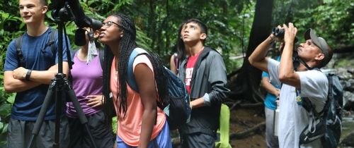 High school students in rain forest