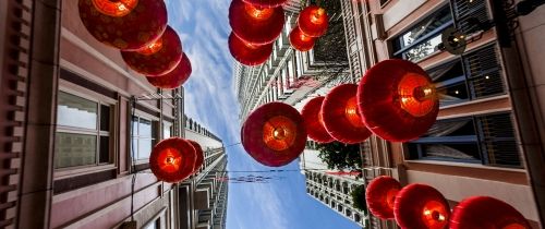 singapore lanterns in street from below