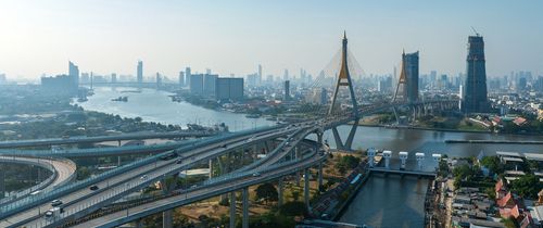 Skyline View of Bhumibol Bridge in Bangkok, Thailand