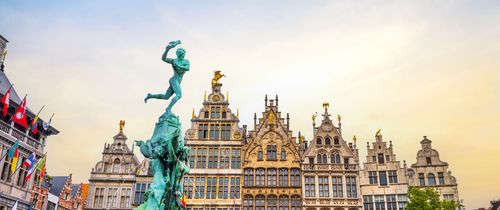 Brussels The Grote Market and Brabos Monument at town square of Antwerp Belgium